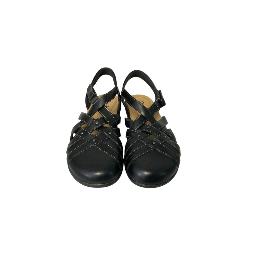 Clarks Collection Women Black Leather Strappy Comfort Slingback Sandals Size 8‎